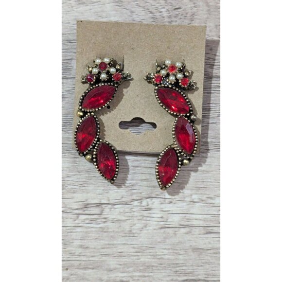 Vintage Dangle Clip-On Earrings Red Rhinestones & Faux Pearls Estate Statement - Picture 2 of 5